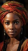 AI generated Woman in Red Head Wrap and Earrings photo