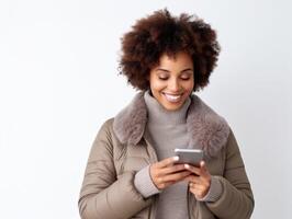AI generated Woman in Coat Checking Cell Phone photo
