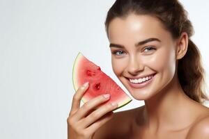 AI generated Woman Holding Slice of Watermelon photo