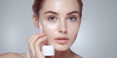 AI generated Woman Holding White Container in Front of Face photo