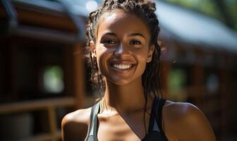 AI generated Smiling Woman in a Diverse Setting photo