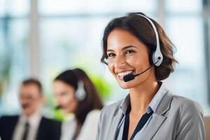 AI generated Smiling Woman With Headset in Call Center photo