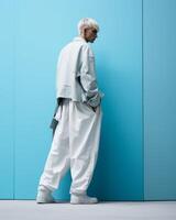 AI generated Man Standing Against Blue Wall photo
