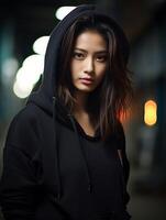 AI generated Woman in a Black Hoodie in Dark Alley photo