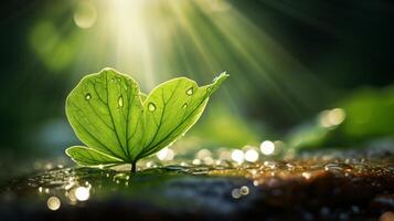 ai generado un joven planta con en forma de corazon hojas brilla debajo el sol, simbolizando esperanza y renovación, con Rocío gotas destacando sus Fresco crecimiento foto