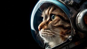 AI generated A cat in an astronaut helmet gazes into space, with cosmic backgrounds of stars and nebulae. The image displays a creative blend of sci-fi and pet themes photo