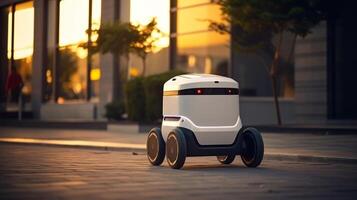 AI Generated The photo shows a compact, autonomous delivery robot with a polished design, navigating a corridor indoors, possibly ready for contactless delivery