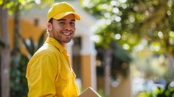 ai generado un sonriente entrega hombre en un amarillo uniforme sostiene un paquete, Listo a entregar eso a un casa arboles y un porche visible en el antecedentes foto