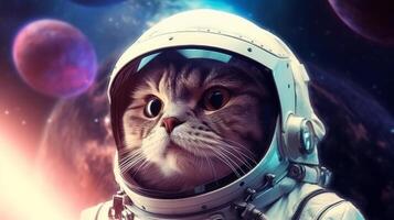 AI generated A cat in an astronaut helmet gazes into space, with cosmic backgrounds of stars and nebulae. The image displays a creative blend of sci-fi and pet themes photo