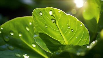 AI generated A close-up of a green leaf with water droplets under sunlight, highlighting the intricate patterns and fresh appearance of the foliage photo