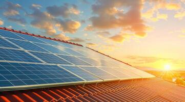 ai generado un moderno casa con un techo cubierto en solar paneles bañado en luz de sol, representando un paso hacia verde energía foto