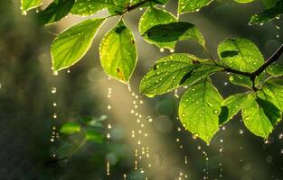 AI generated Sunlight filters through green leaves dotted with water droplets, casting rays of light in a tranquil forest scene photo