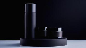 AI generated Black skin care products on a dark round podium stand with copy space and place for text, mockup, template, on a black to gray gradient background photo