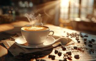 AI generated A steaming cup of coffee with latte art on a saucer decorated with coffee beans, on a rustic wooden table in a cozy kitchen setting photo