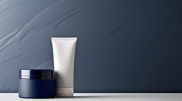 AI generated Three minimalist cosmetic jars in navy blue and white are displayed against a soft gradient background, perfect for beauty branding photo