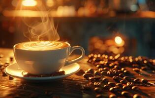 AI generated A steaming cup of coffee with latte art on a saucer decorated with coffee beans, on a rustic wooden table in a cozy kitchen setting photo
