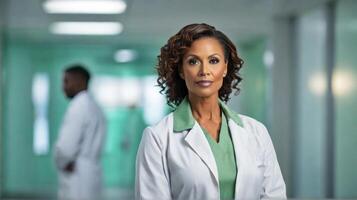 ai generado medio Envejecido africano americano mujer médico en hospital, blanco colores foto