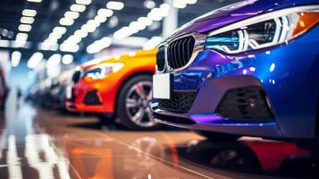 A row of colorful cars at a dealership with a focus on the vibrant front bumpers, showcasing designs and details photo