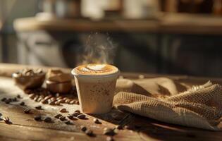 AI generated A steaming cup of coffee with latte art on a saucer decorated with coffee beans, on a rustic wooden table in a cozy kitchen setting photo