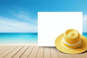 AI generated Yellow Hat and White Board on Wooden Floor photo