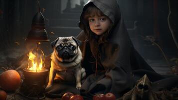 AI generated Little Girl Sitting Next to Pug photo