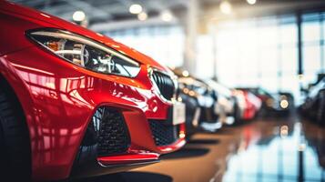 ai generado un de cerca ver de un brillante rojo coche en un sala de exposición con otro vehículos en el antecedentes. el atención es en el frente faro y reja zona foto