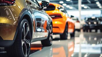 AI generated A vibrant lineup of sports cars with a focus on a red car's front. The blurred background shows various colorful cars arranged in a row photo