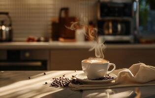 AI generated A steaming cup of coffee with latte art on a saucer decorated with coffee beans, on a rustic wooden table in a cozy kitchen setting photo