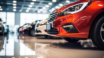 AI generated A close-up view of a shiny red car in a showroom with other vehicles in the background. The focus is on the front headlight and grille area photo