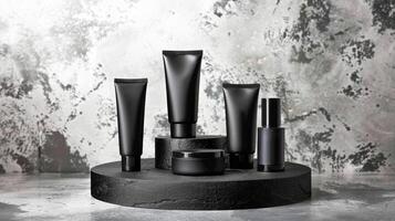 AI generated A collection of unbranded black beauty product packaging on a circular platform with a textured dark background illuminated by a slanted light beam, stand with copy space for text photo