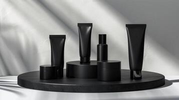 AI generated A collection of unbranded black beauty product packaging on a circular platform with a textured dark background illuminated by a slanted light beam, stand with copy space for text photo