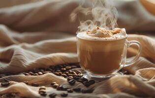 AI generated A warm and inviting cup of latte art on a saucer surrounded by coffee beans, exuding steam, set against a soft, textured backdrop photo