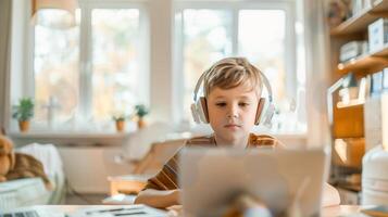 AI generated A young student engages with a laptop wearing headphones, likely participating in online learning at home, a modern shift in education photo