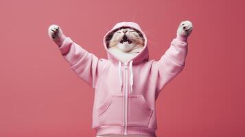 AI generated Fashion-forward cat in sunglasses and hoodie strikes a playful pose on a pink background, with ample space for your text photo