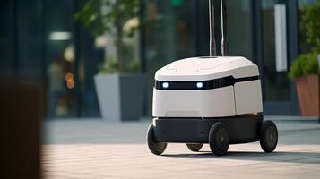 AI Generated The photo shows a compact, autonomous delivery robot with a polished design, navigating a corridor indoors, possibly ready for contactless delivery