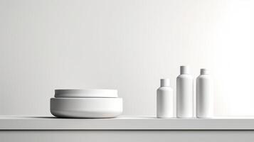 AI generated Three blank cosmetic bottles and a cream jar on a white shelf against a light background, ideal for branding mockups photo