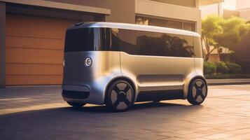 AI Generated The photo shows a compact, autonomous delivery robot with a polished design, navigating a corridor indoors, possibly ready for contactless delivery