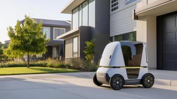 AI generated Autonomous electric delivery vehicle parked in front of a modern suburban home, the side door sliding open to reveal an array of parcels and grocery bags for contactless delivery photo