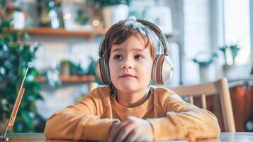 ai generado un joven estudiante se involucra con un ordenador portátil vistiendo auriculares, probable participativo en en línea aprendizaje a hogar, un moderno cambio en educación foto