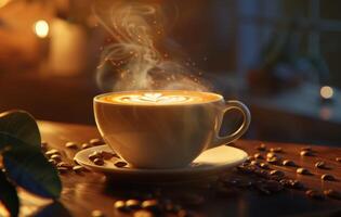 AI generated A steaming cup of coffee with latte art on a saucer decorated with coffee beans, on a rustic wooden table in a cozy kitchen setting photo