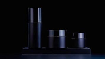 AI generated Black skin care products on a dark round podium stand with copy space and place for text, mockup, template, on a black to gray gradient background photo