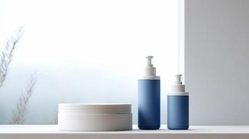 AI generated A trio of sleek cosmetic bottles with a minimalist design on a muted backdrop, perfect for branding photo