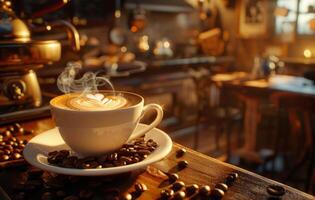 AI generated A steaming cup of coffee with latte art on a saucer decorated with coffee beans, on a rustic wooden table in a cozy kitchen setting photo