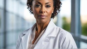 AI generated Middle aged African American woman doctor in hospital, white colors photo