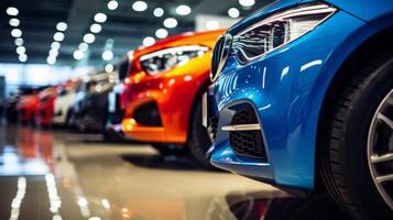 A row of colorful cars at a dealership with a focus on the vibrant front bumpers, showcasing designs and details photo