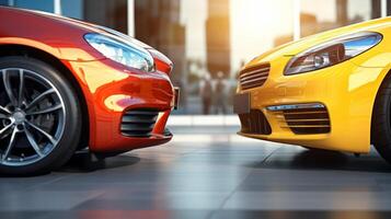 AI generated Low angle view of sleek cars parked on a city street, with the focus on the red car's alloy wheel, showcasing urban life and luxury photo