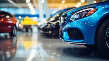 A row of colorful cars at a dealership with a focus on the vibrant front bumpers, showcasing designs and details photo