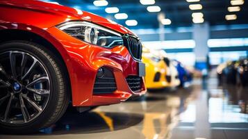 AI generated A close-up view of a shiny red car in a showroom with other vehicles in the background. The focus is on the front headlight and grille area photo