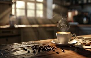 AI generated A steaming cup of coffee with latte art on a saucer decorated with coffee beans, on a rustic wooden table in a cozy kitchen setting photo