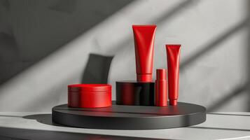 AI generated A collection of red cosmetic packaging mockups on a gray platform with shadow patterns cast on a light background. Mockup, template photo